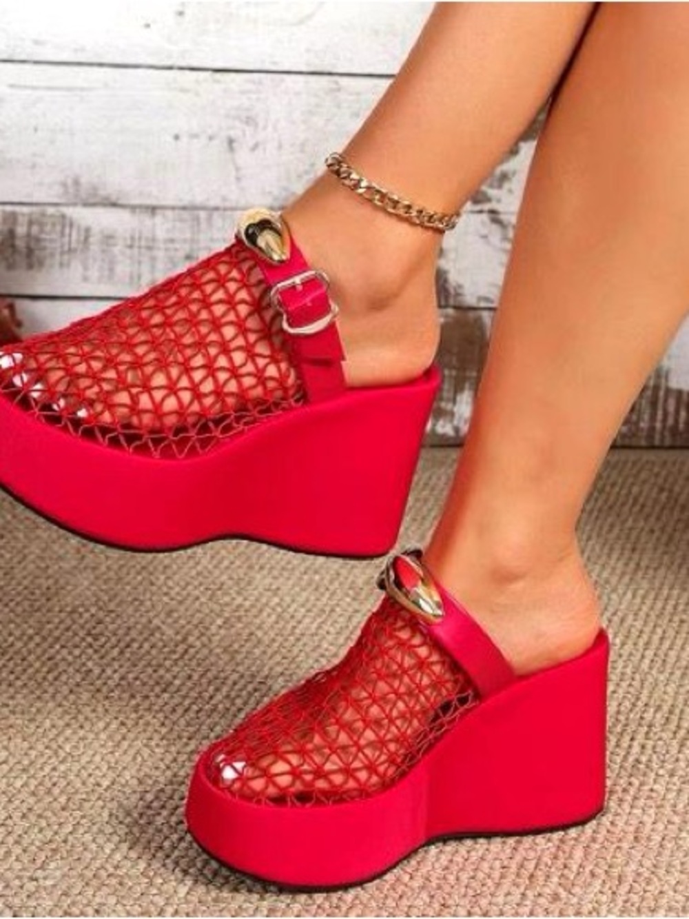 Brand New Red Wedge Mesh Platform Sandals